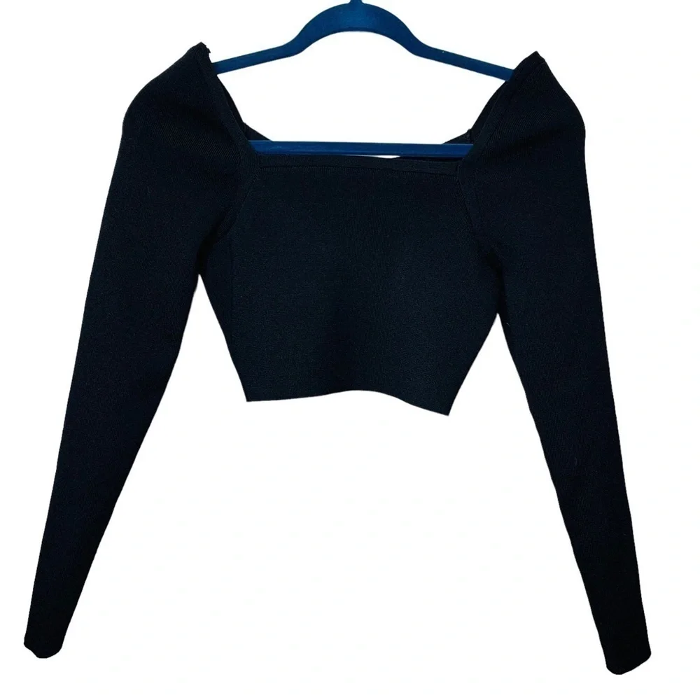 ZARA Neutral Black Knit Cropped Long Sleeve Top Streetwear Round Square Neck S - Picture 4 of 13